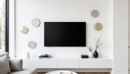 A white wall features a modern TV wall mounted with sleek decorations, creating a sleek and elegant focal point in the living room.