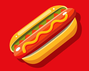 classic hot dog with mustard and ketchup, on a bright red background.