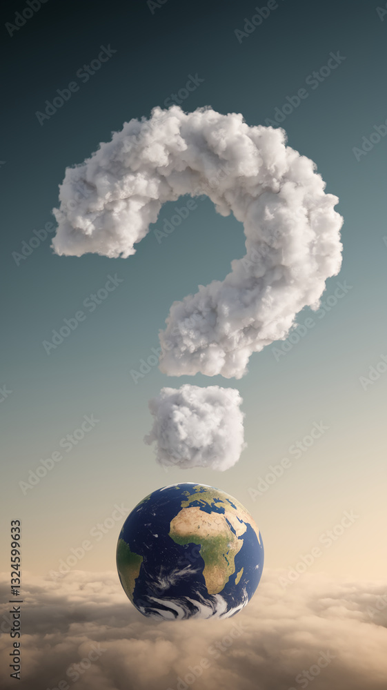 Poster earth globe below a cloud-shaped large question mark, symbolizing global uncertainty or environmenta