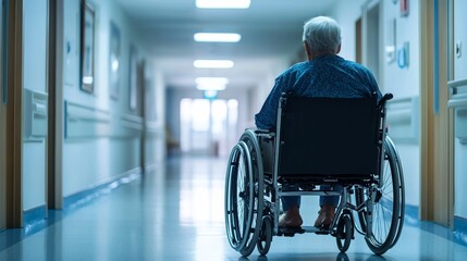 Elderly person in a wheelchair in a hospital corridor. Photo with copy space background for a medical concept. --ar 25:14 --style raw --v 6.1 Job ID: 0e587e66-2153-4eba-b517-7a93c223c1a2