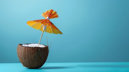 "Minimalist Summer Banner: Coconut with Cocktail Umbrella on Blue Background"