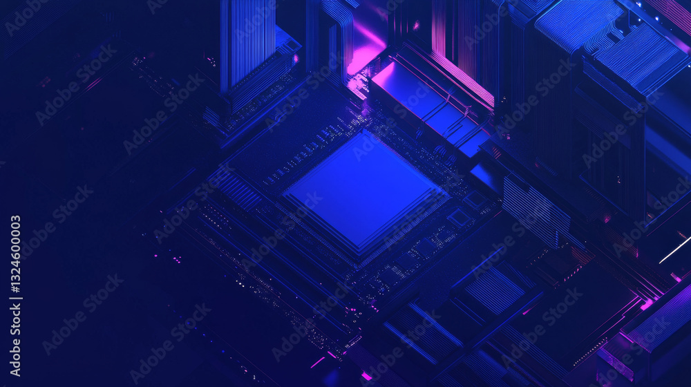 Poster digital ai low poly semiconductor with circuit elements on abstract technology background. motherboa