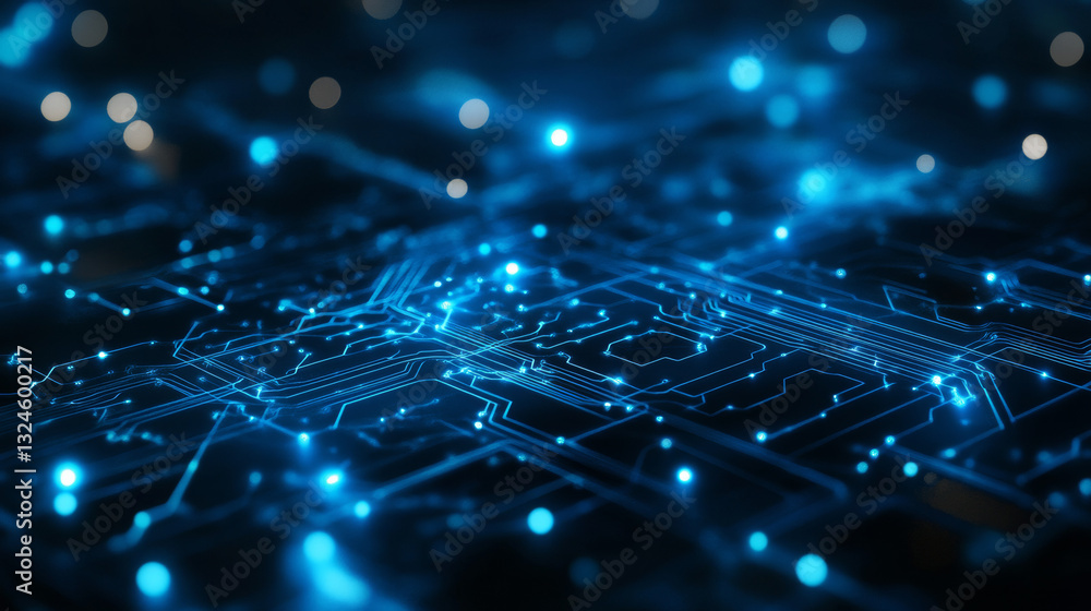 Poster futuristic circuit board wires in light blue on dark navy technology background. artificial intellig