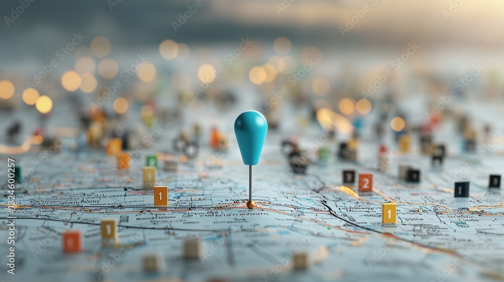 Poster an close up view of a vibrant blue marker or pinpoint on a detailed intricate map indicating a speci