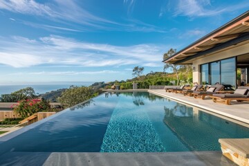 Luxurious infinity pool overlooking the ocean on a bright sunny day with elegant loungers and vibrant greenery surrounding the area