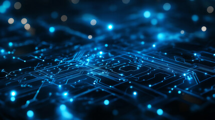 Futuristic circuit board wires in light blue on dark navy technology background. Artificial Intelligence banner concept. Abstract AI tech bg. Digital line pattern. Computer Vector illustration.