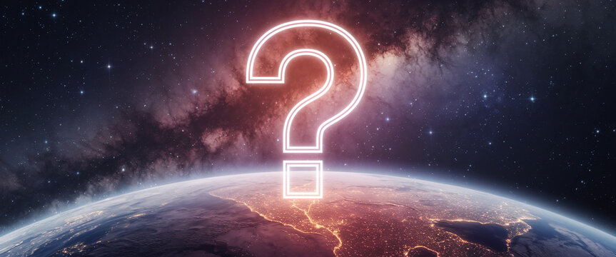Large glowing question mark above Earth, set against a cosmic backdrop of stars and nebulae, symbolizing global mystery, curiosity, or unanswered questions - Powered by Adobe