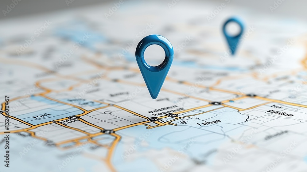 Poster close up view of a bright blue map pin or pointer highlighting a specific location or destination on