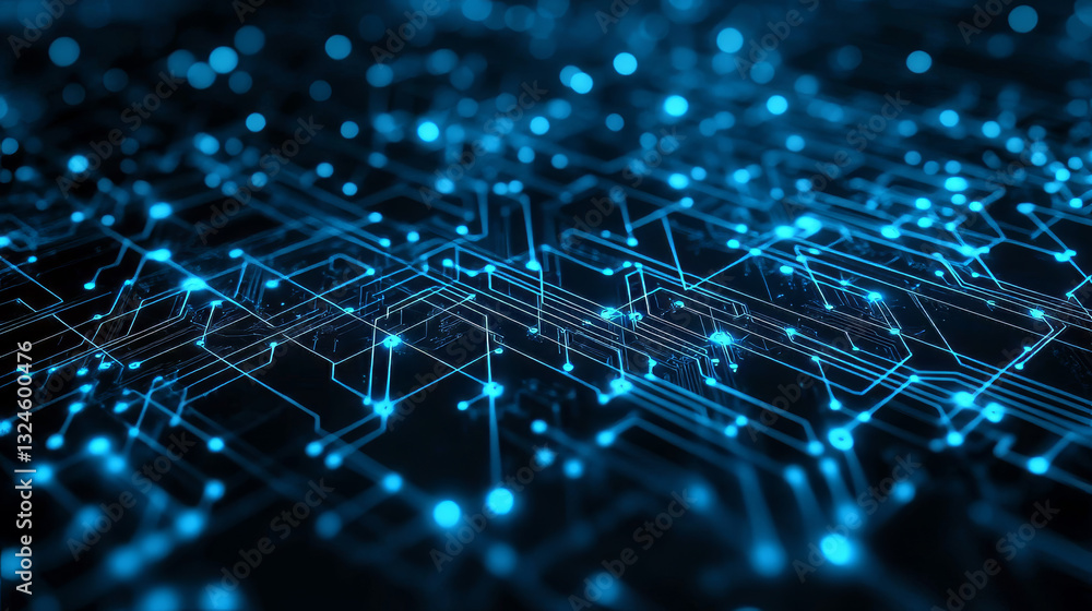Poster futuristic circuit board wires in light blue on dark navy technology background. artificial intellig
