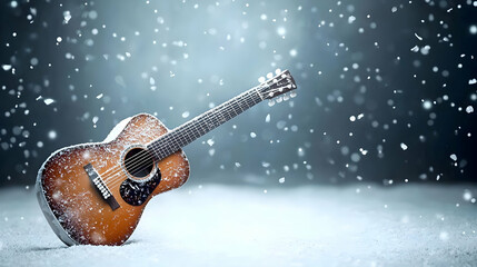 Acoustic Guitar Covered In Snow In A Mystical Winter Wonderland During A Snowfall