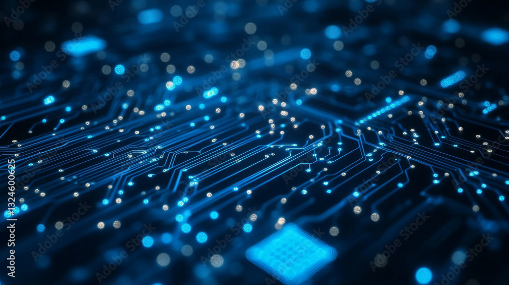 Poster futuristic circuit board wires in light blue on dark navy technology background. artificial intellig