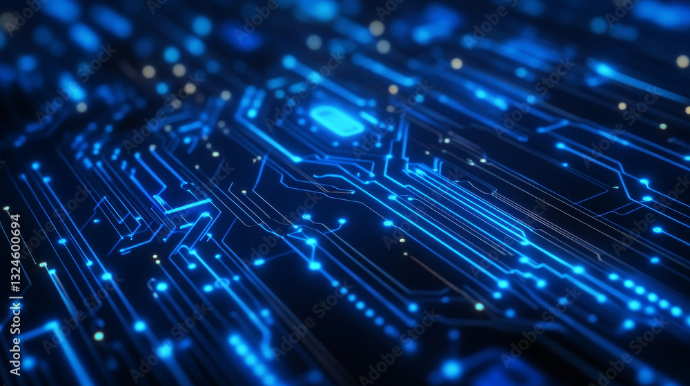 Poster futuristic circuit board wires in light blue on dark navy technology background. artificial intellig
