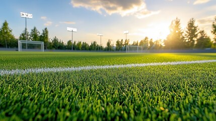 This image showcases an expertly manicured sports field with vibrant green grass and a serene landscape in the background  The setting sun casts a warm golden glow across the scene