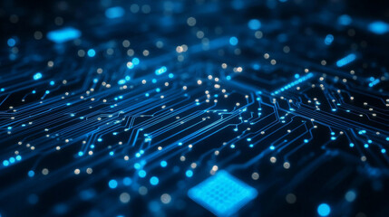Futuristic circuit board wires in light blue on dark navy technology background. Artificial Intelligence banner concept. Abstract AI tech bg. Digital line pattern. Computer Vector illustration.