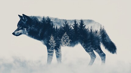 Double exposure effect of a wolf silhouette seamlessly blending with mountain and moon