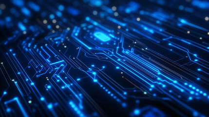 Futuristic circuit board wires in light blue on dark navy technology background. Artificial Intelligence banner concept. Abstract AI tech bg. Digital line pattern. Computer Vector illustration.