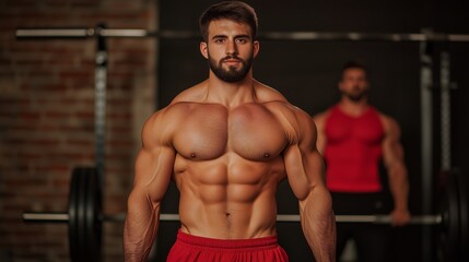 Fototapeta premium Bodybuilding Dedication: A powerful bodybuilder shows muscles in gym ,exuding confidence. With another person behind him, the image reflects hard work and training in fitness.