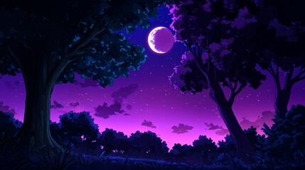 Celestial Forest Nightscape: A captivating night scene unfolds, with a mesmerizing crescent moon casting a gentle glow over a tranquil forest. Silhouette of trees add an element of mystery.