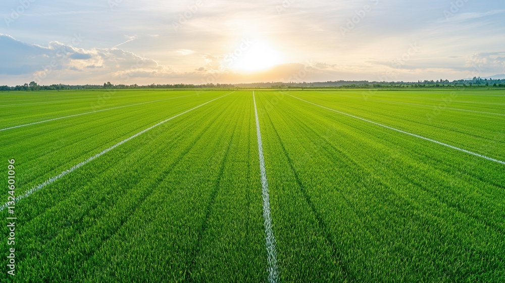 Aufkleber this image depicts a expansive lush green field with distinct white lines and markings creating a sy