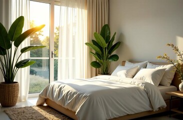 A bright and cozy bedroom filled with sunlight, decorated with indoor plants and soft textiles. Perfect for real estate, interior design, home decor, and indoor gardening promotions.
