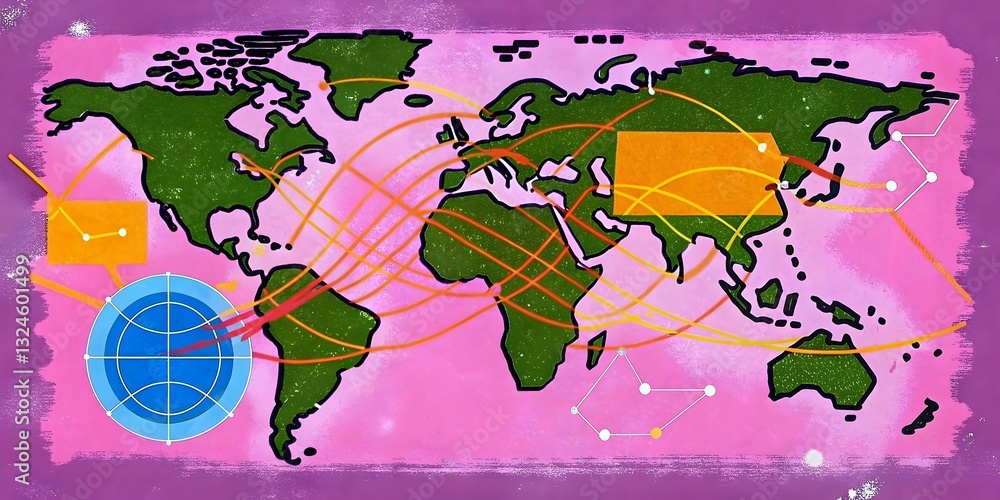 Poster global communication network connecting continents information technology data visualization trends