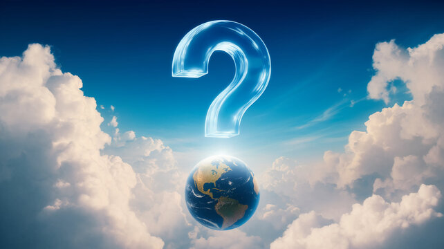 Glass large question mark above planet Earth, set against a cloudy sky, symbolizing global questions, uncertainty, or future possibilities