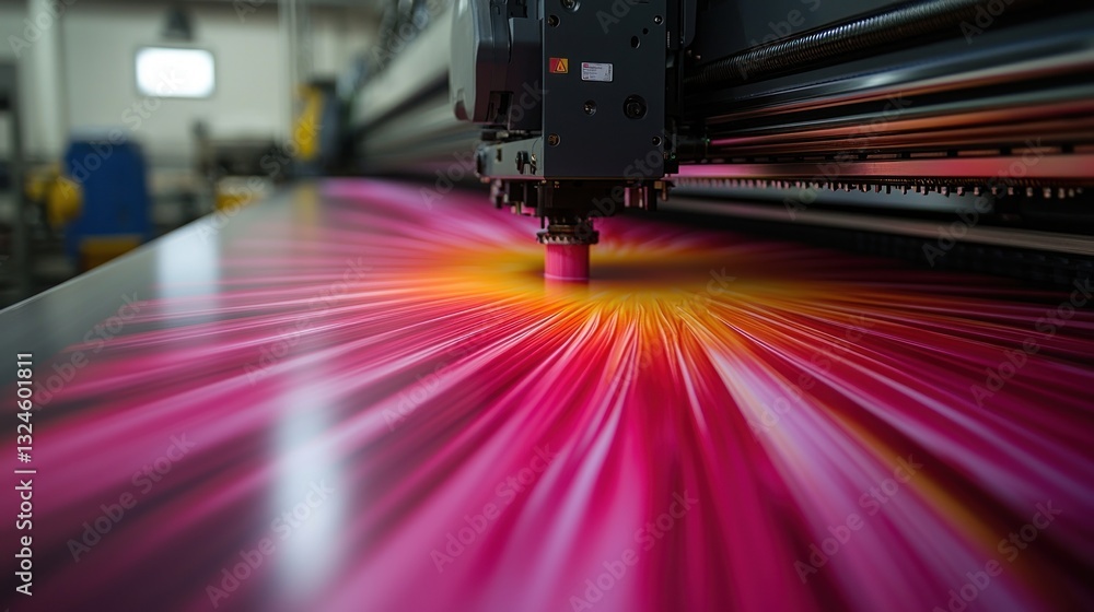 Poster close-up of large format printer applying vibrant colors to material