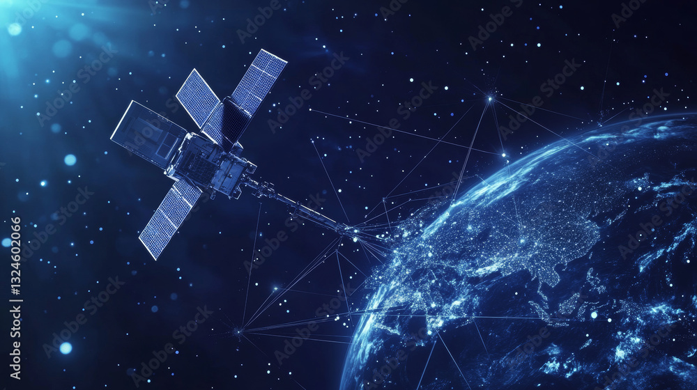 Poster 3d satellites and laptop digital low poly wireframe. satellite network technology, global internet c