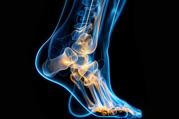 An artistic x-ray representation of a human ankle, showcasing intricate bone structures and highlights in blue and orange tones.