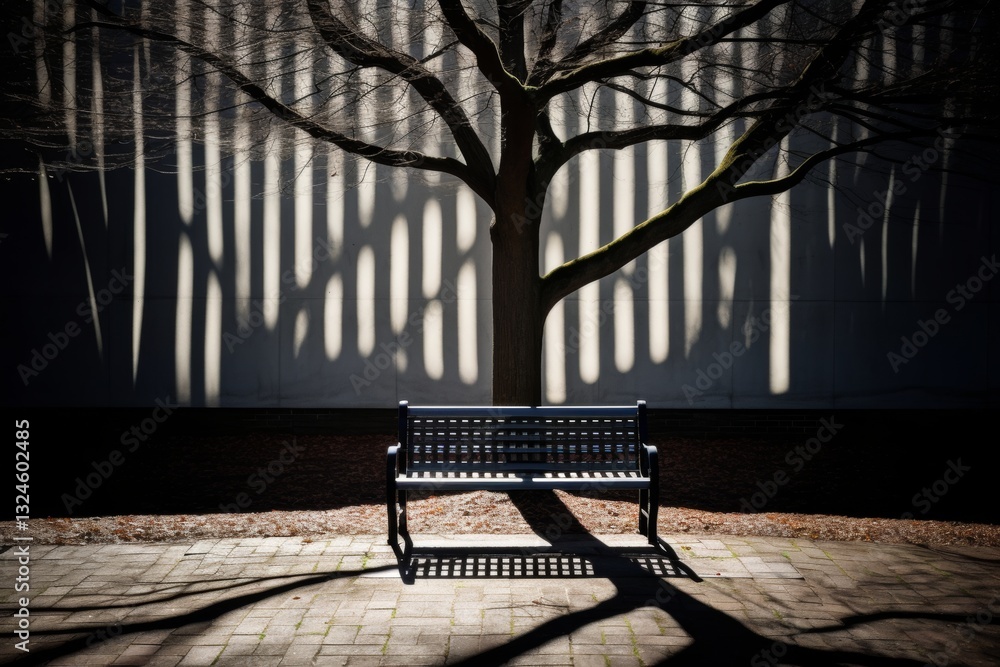 Poster serene bench nestled beneath a large tree with soft sunlight casting gentle shadows