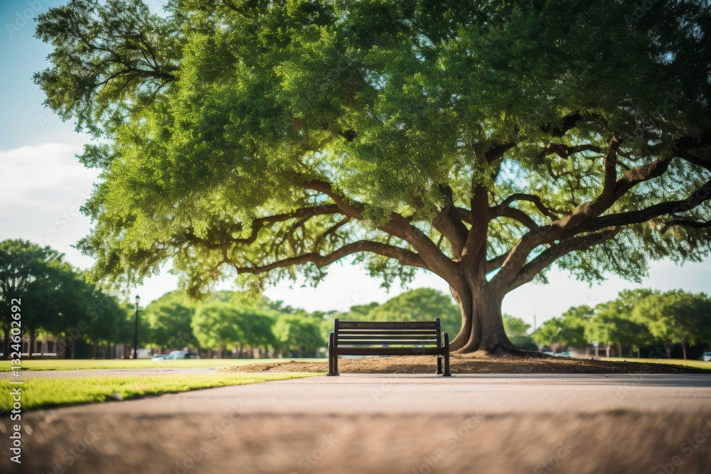 Aufkleber serene bench beneath a sprawling tree with soft sunlight creating calming shadows