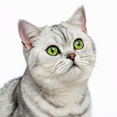 Portrait of a Silver Tabby British Shorthair Cat Looking at the Camera on a White Background
