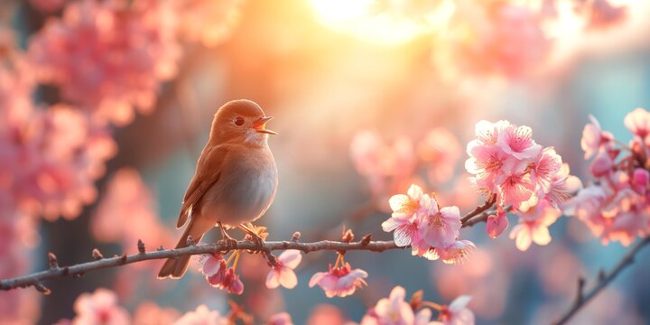 A small brown bird perched on a cherry blossom branch, singing amidst a backdrop of pink flowers and bright sunlight.