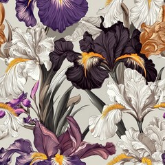 Irises flowers plants floral blooming botanical seamless pattern ornament design, tile