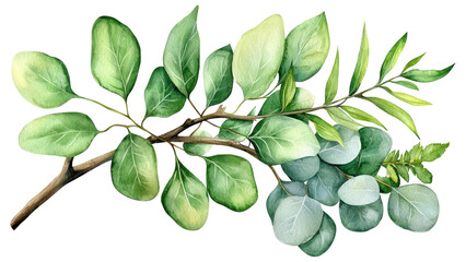 Fototapeta premium Summer element clipart, Minimalist eucalyptus branch with smooth circular leaves in green hues
