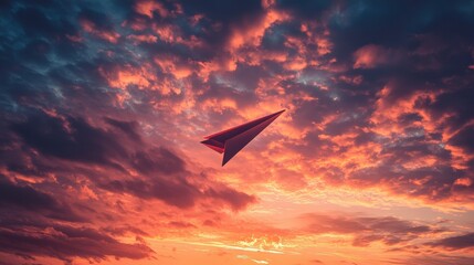 Fototapeta premium Soaring paper airplane at sunset open sky digital art serene environment low angle freedom concept