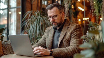 Man working on laptop in a cafe