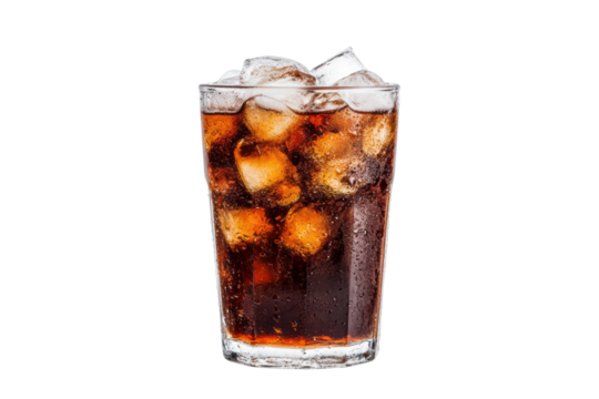 Glass of fizzy drink with ice cubes, cut out