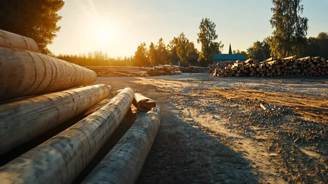 Sunrise at the lumber yard: golden light illuminating stacked timber and forest backdrop