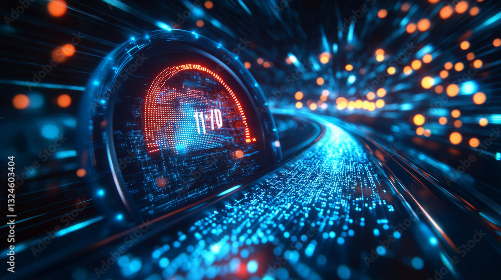 Poster abstract low poly 3d network cable and speedometer in dark blue. super fast internet connection, spe