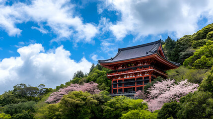 Traditional Japanese Temple with Red Accents Nestled on a Lush Green Hillside Under a Cloudy Blue Sky