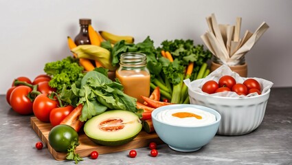 Vibrant Fresh Produce and Healthy Dips on Wooden Board