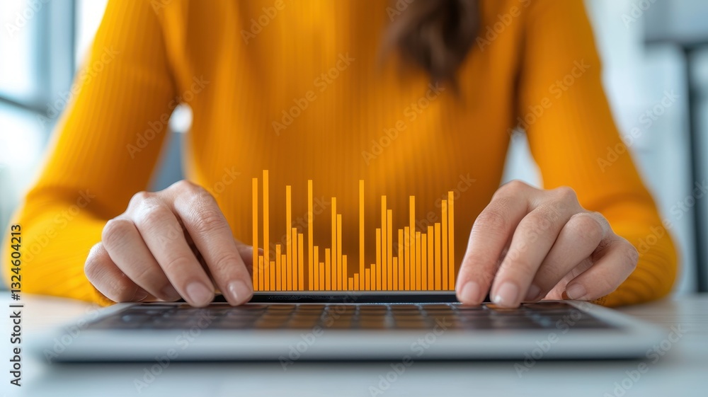 Poster a person in an orange sweater interacts with a laptop, displaying an orange data visualization graph