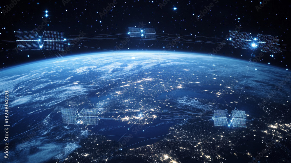Aufkleber digital low poly 3d satellites and computer screen in dark blue. satellite network technology, globa