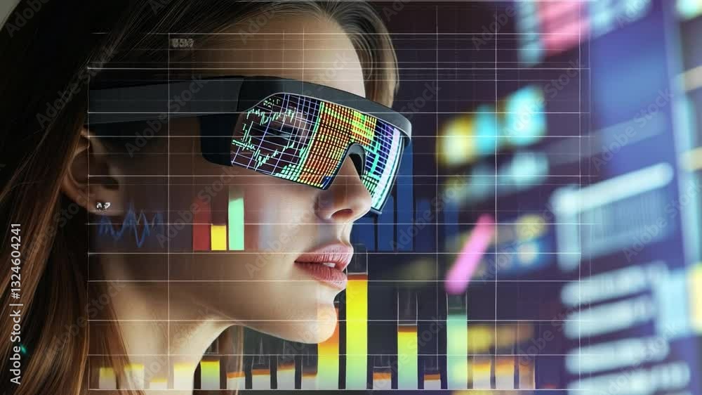 Poster visionary interface: a woman is using a augmented reality glasses, examining data and charts. she is