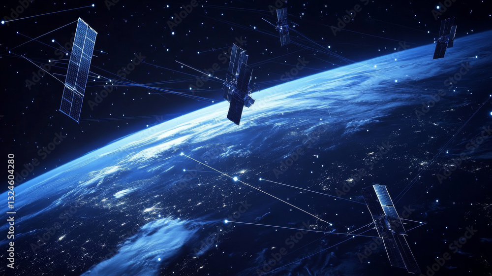 Aufkleber digital low poly 3d satellites and computer screen in dark blue. satellite network technology, globa