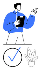 Businessman holding a clipboard and gesturing confidently, accompanied by a checkmark icon and potted plant. Ideal for leadership, task management, teamwork, productivity, goal setting, project