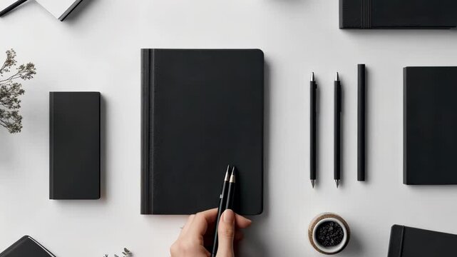 Hand reaches for pen amongst minimalist black stationery on white desk