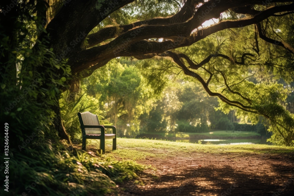Poster serene bench beneath a large tree with soft sunlight casting gentle shadows for tranquility