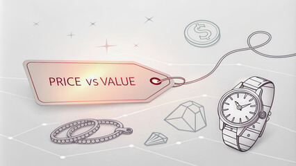 Glowing tag labeled "Price vs Value," contrasting items of different worth, [value concept], metaphor for consumer decision-making.